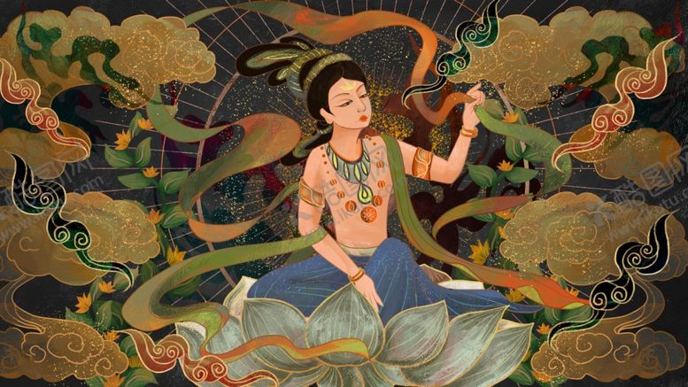编号：22447205022031215186【酷图网】源文件下载-敦煌壁画仙女复古背景海报素材