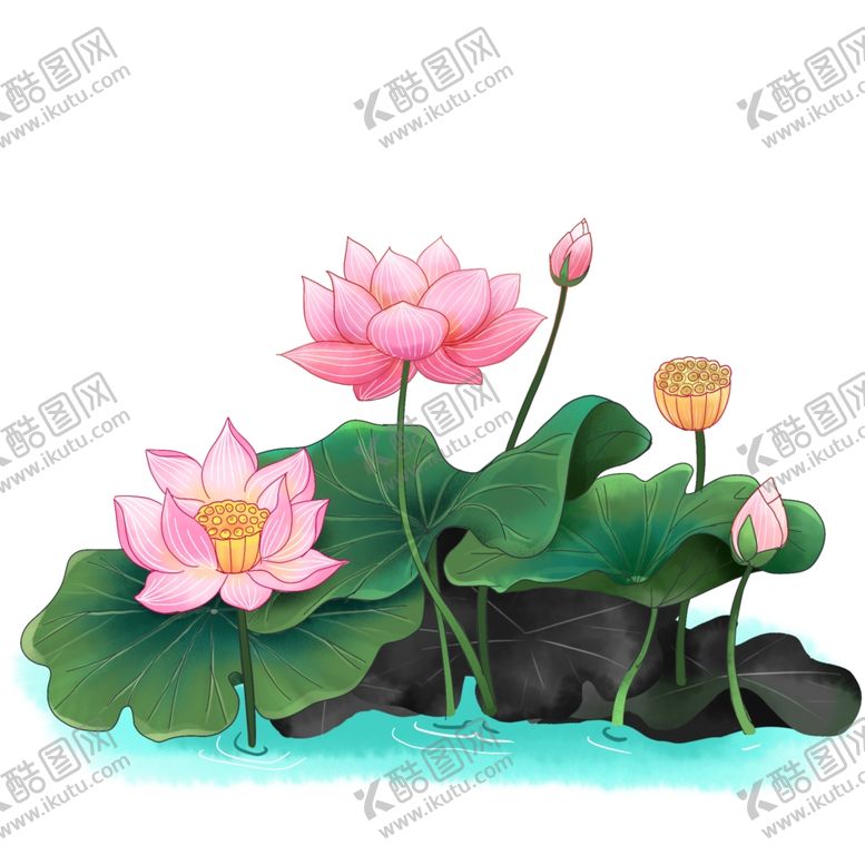 编号：11982705091608444478【酷图网】源文件下载-水墨荷花荷叶池塘花骨朵国画手绘
