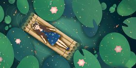 女子躺竹筏于荷花莲叶间