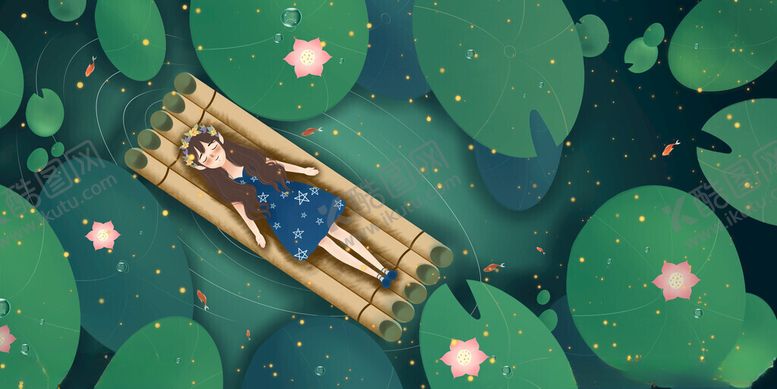 编号：12892811171911281199【酷图网】源文件下载-女子躺竹筏于荷花莲叶间