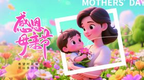 温馨可爱亲子卡通母亲节元素手举