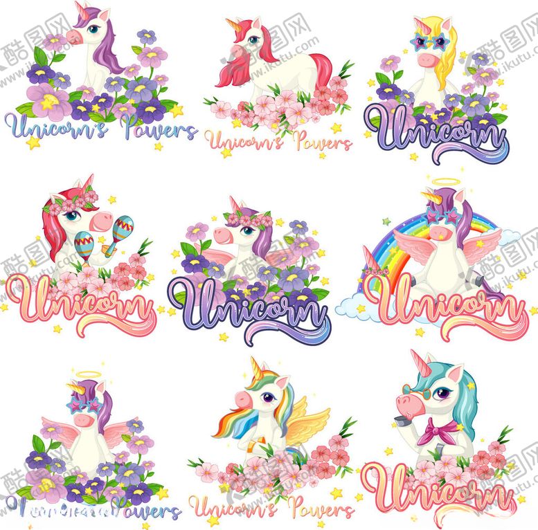 编号：28355604150036384670【酷图网】源文件下载-可爱独角兽插画图案集合