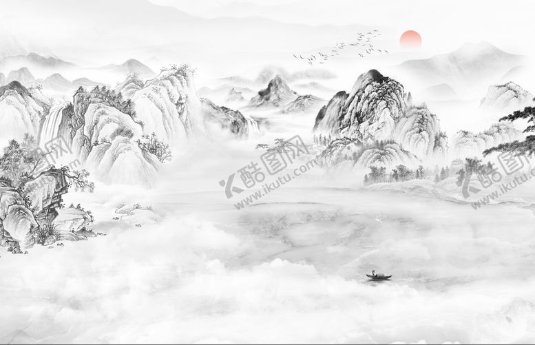 编号：02986710011001381340【酷图网】源文件下载-新中式山水水墨山水电视背景墙