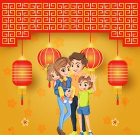 春节红色喜庆卡通人物插画