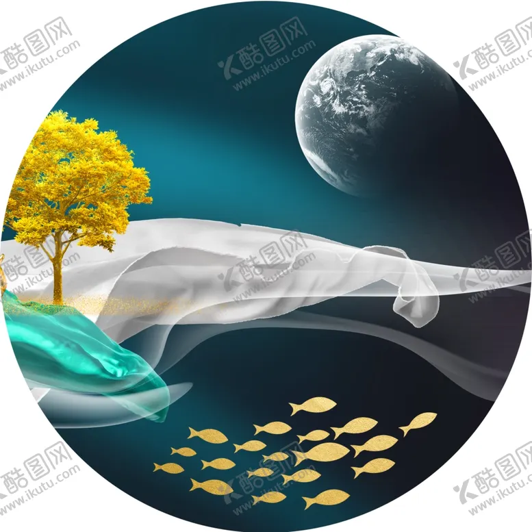 编号：30885712110543309582【酷图网】源文件下载-游鱼发财树圆形挂画装饰画