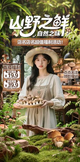 绿色自然风菌菇餐饮直播间贴片