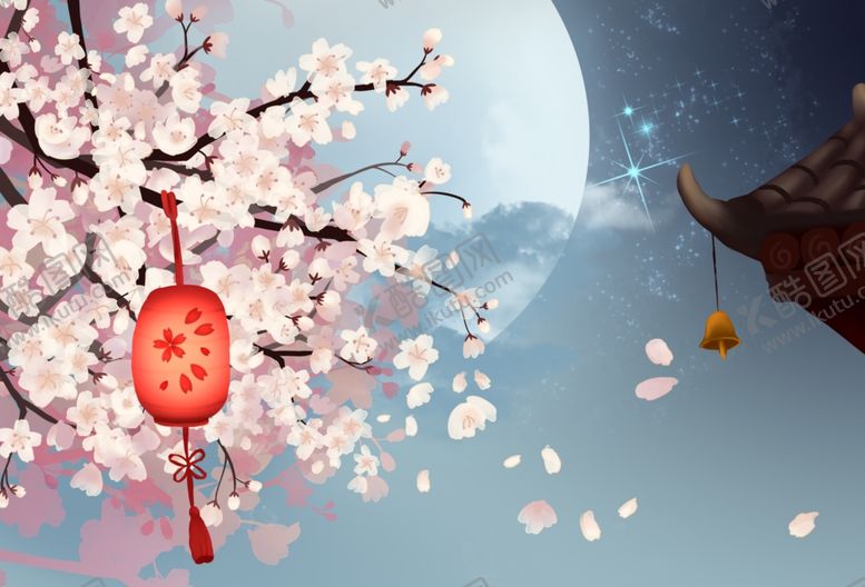 编号：98723609180657439235【酷图网】源文件下载-梅花枝头灯笼月亮古风背景素材