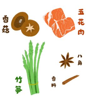 食物插画香菇五花肉八角竹笋香料