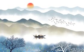 水墨山水画纸展写意