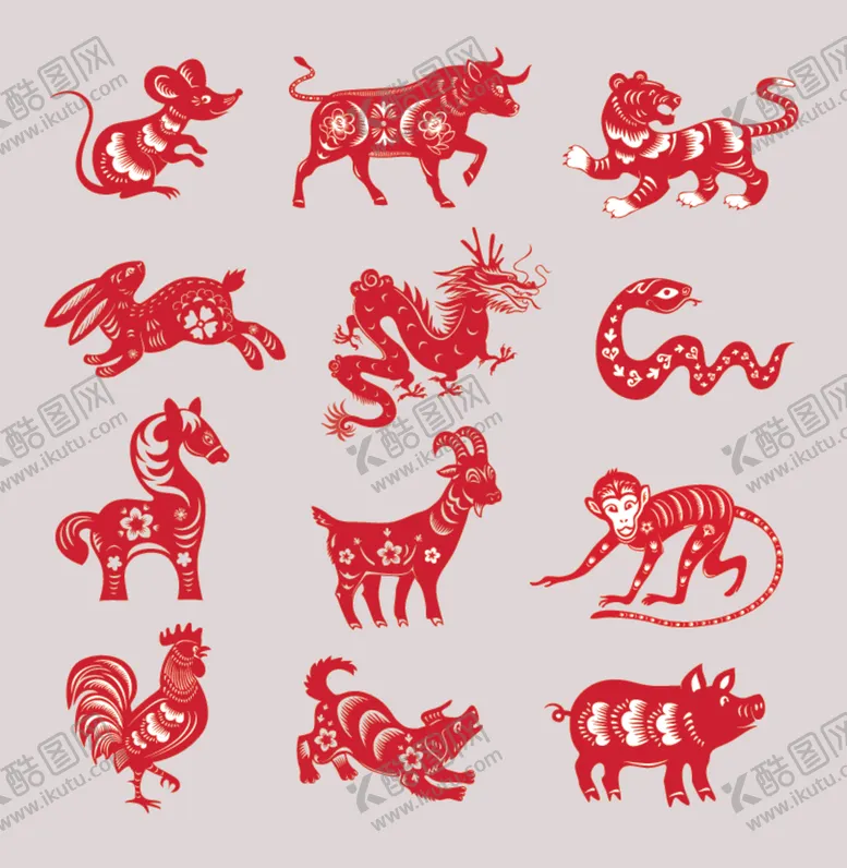 编号：10029409131339231235【酷图网】源文件下载-十二生肖剪纸图案展示