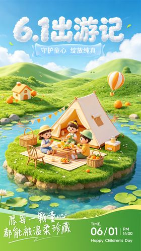 六一儿童节旅游野餐蓝色卡通海报