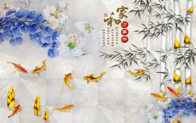 浮雕花荷花九鱼背景墙