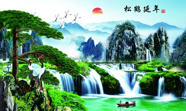 编号：75289304171937121205【酷图网】源文件下载-流水生财青松迎客