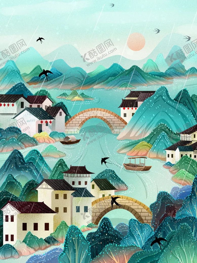 编号：43289610301134545223【酷图网】源文件下载-手绘花鸟山水风景画海报素材
