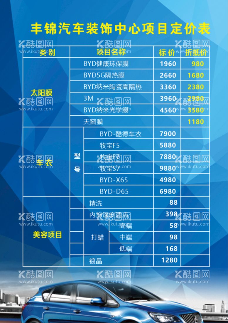 编号：41930212210556356792【酷图网】源文件下载-汽车装饰价格表