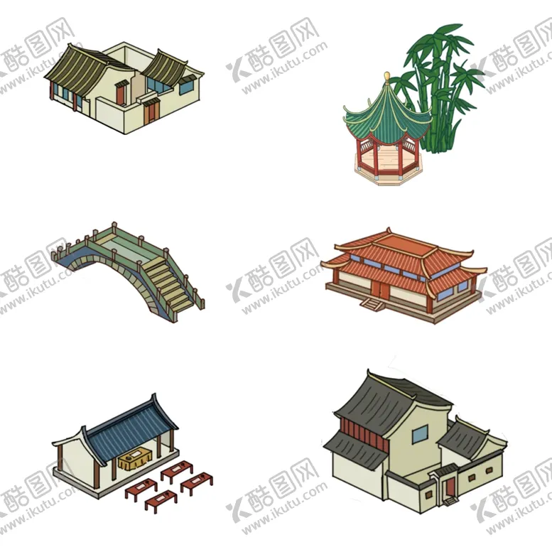 编号：14553102191308106462【酷图网】源文件下载-手绘古代建筑四合院凉亭石桥插画
