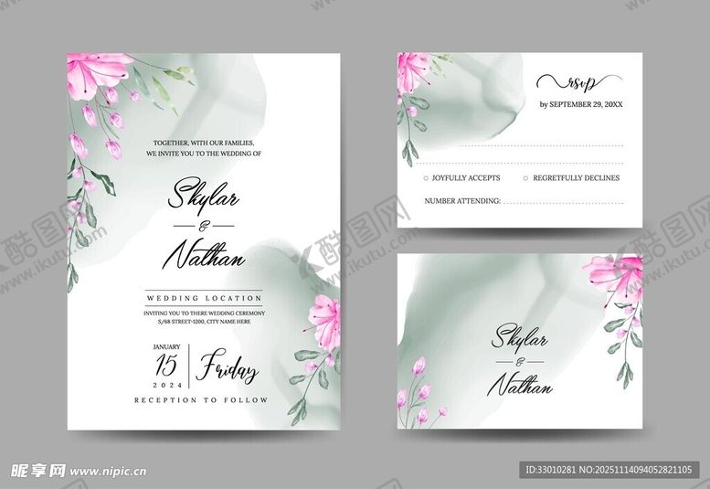 编号：17665811191246154126【酷图网】源文件下载-花卉婚礼请柬设计模板