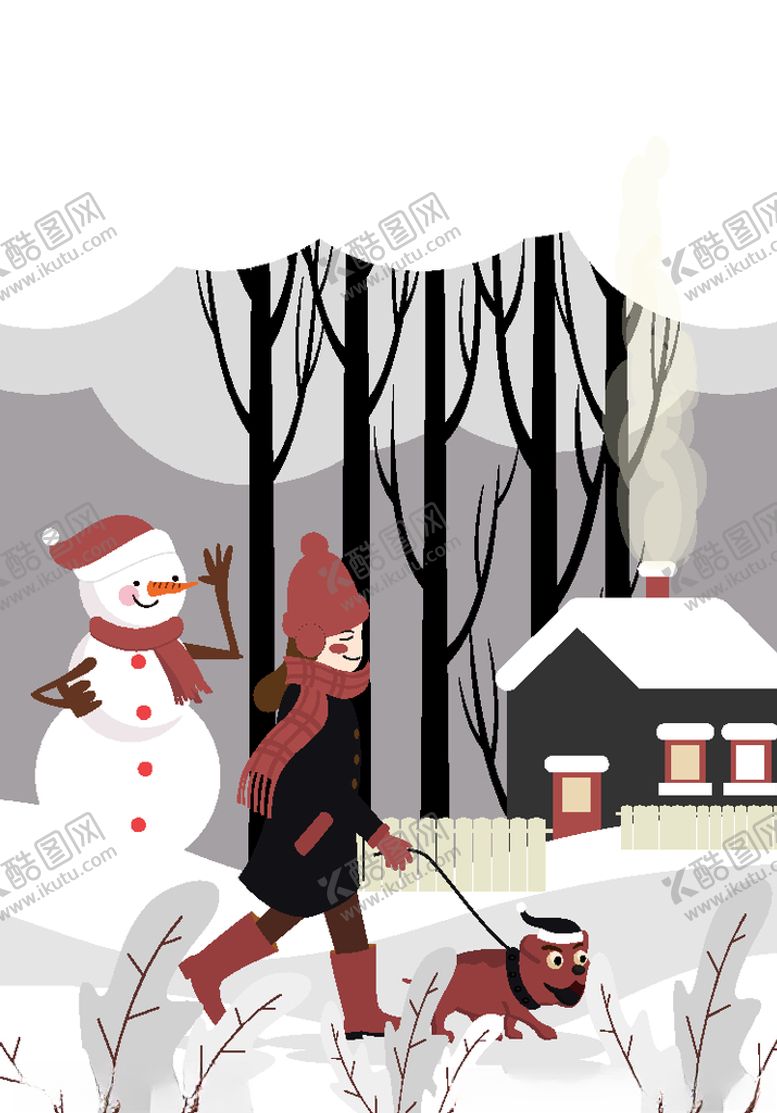 编号：76163510090820224394【酷图网】源文件下载-创意冬季户外遛狗的女子