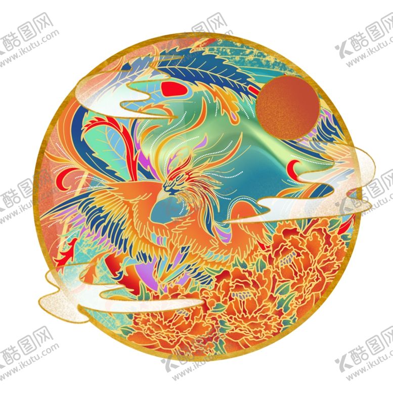 编号：78116804161740558066【酷图网】源文件下载-国潮风凤凰牡丹祥云手绘