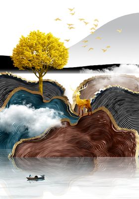 新中式鎏金山水玄关画