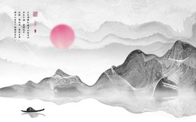 意境水墨山水手绘电视沙发背景墙