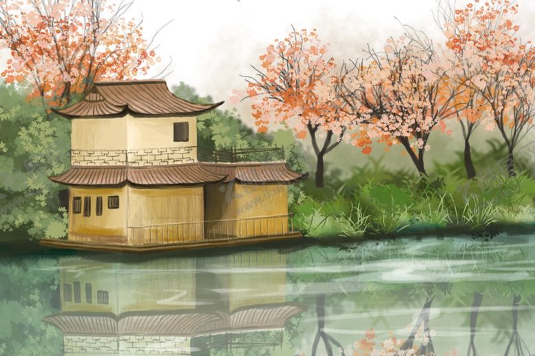 编号：61312405080521484843【酷图网】源文件下载-凉亭湖面夏季清新插画素材
