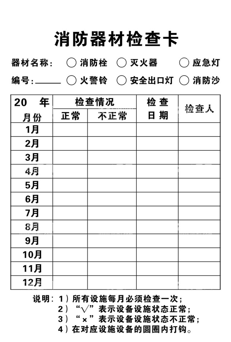 编号：42424311240435533750【酷图网】源文件下载-消防器材检查卡