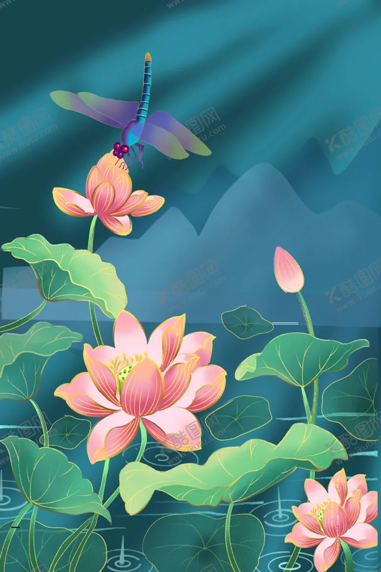 荷花背景叶夏至插画元素蜻蜓