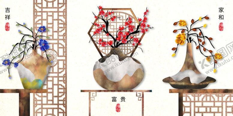 编号：10569606260424003314【酷图网】源文件下载-花瓶花卉三联画