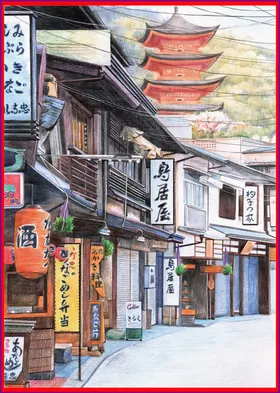 古镇插画元素初春素材树枝插画