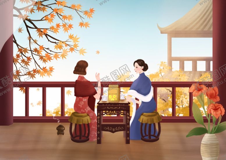 编号：14542805131540128371【酷图网】源文件下载-民国喝茶女性人物插画卡通背景