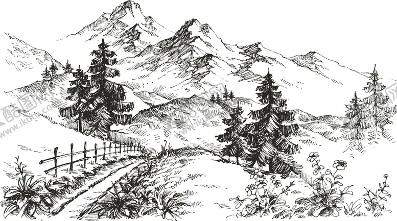 编号：14938609171020585693【酷图网】源文件下载-素描手绘山地