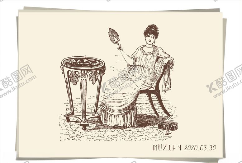 编号：18760810110915155478【酷图网】源文件下载-执扇的贵族女子素描画