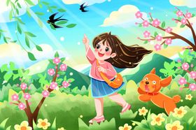 女孩与猫在春日花丛嬉戏