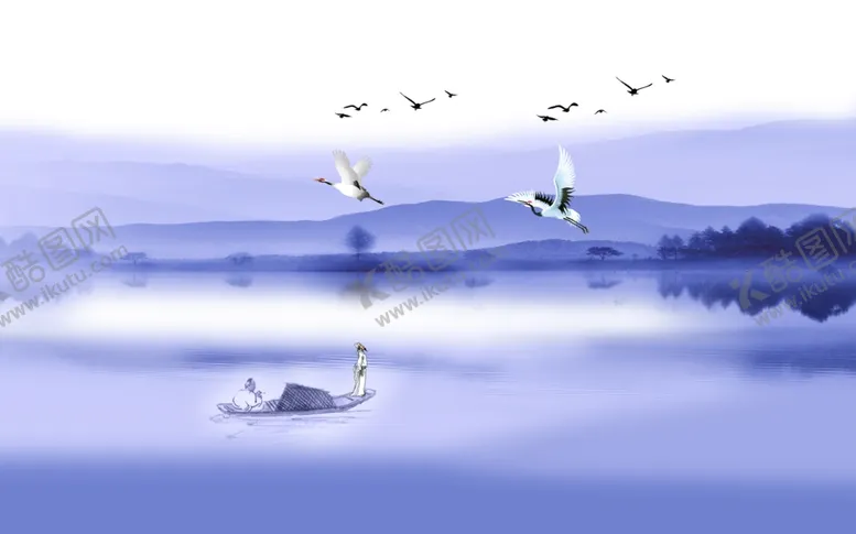 编号：23261707040015312613【酷图网】源文件下载-山水画鹤小船背景墙