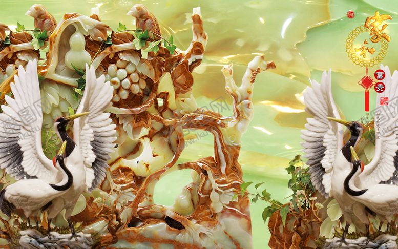 编号：51363609200200488599【酷图网】源文件下载-家和富贵玉雕仙鹤电视背景墙