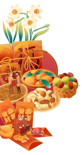 中式花鸟美食插画元素