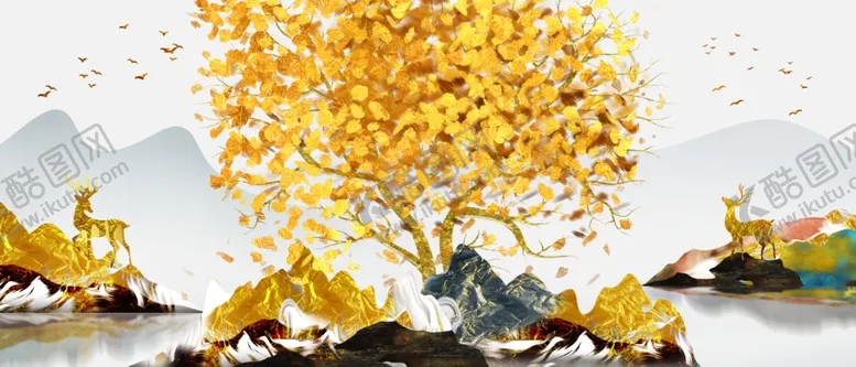 编号：62211306291604178188【酷图网】源文件下载-金色发财树山水装饰画