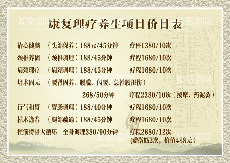 编号：18526709280853380169【酷图网】源文件下载-康复理疗价格表