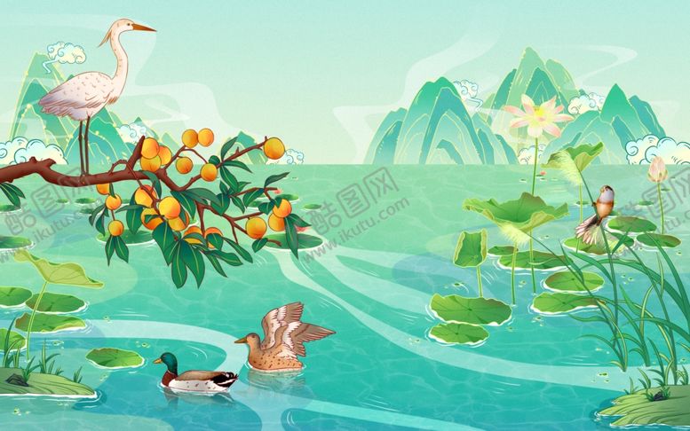 编号：78986409211540215807【酷图网】源文件下载-春日荷塘禽鸟嬉戏图
