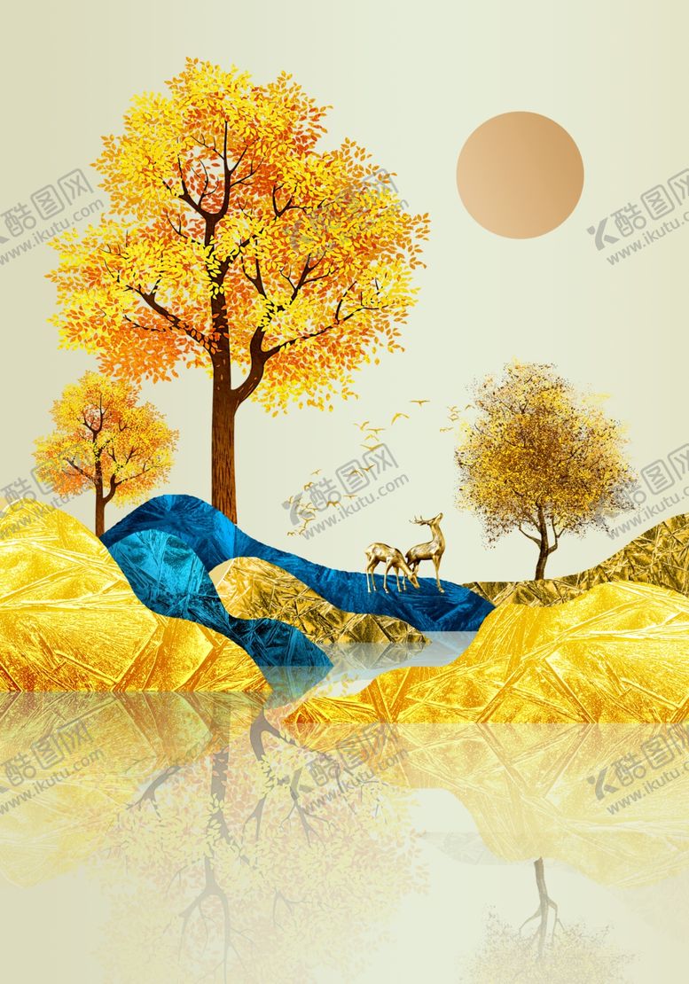 编号：64094810051719293243【酷图网】源文件下载-金箔山水麋鹿玄关画