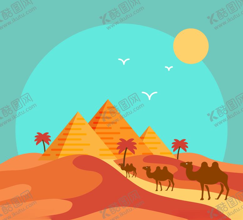 编号：99568509131819384248【酷图网】源文件下载-美丽沙漠金字塔和骆驼风景矢量