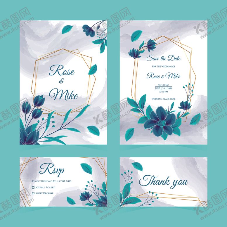 编号：98966811021910508841【酷图网】源文件下载-蓝白花卉婚礼请柬设计
