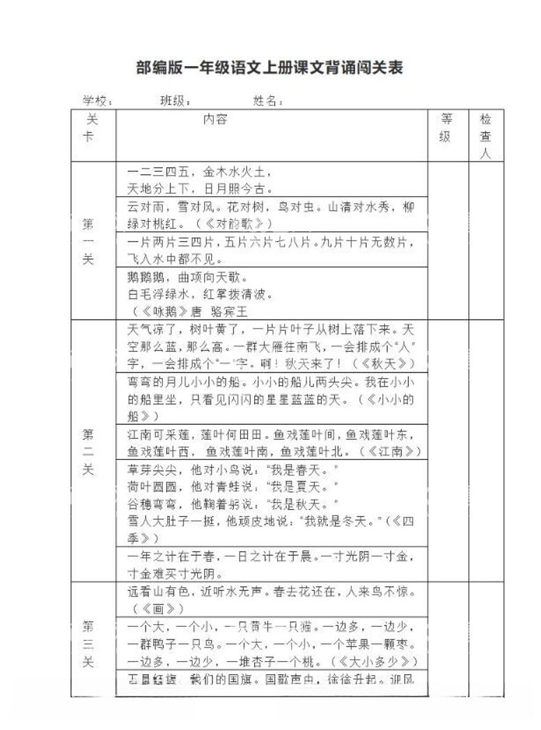 编号：89780512181150201221【酷图网】源文件下载-一年级上册背诵课文内容及闯关表