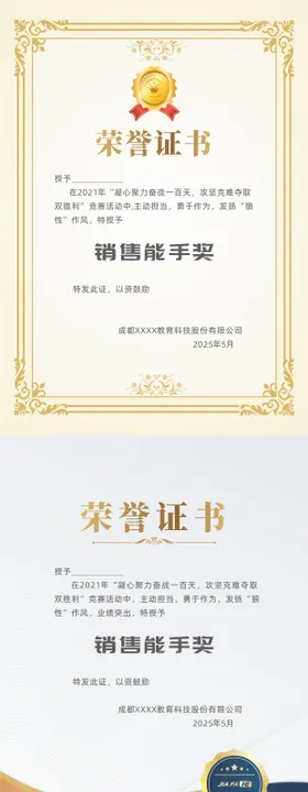 荣誉证书销售奖状奖励