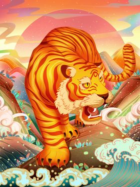 虎年国潮插画中风布置展架大吉