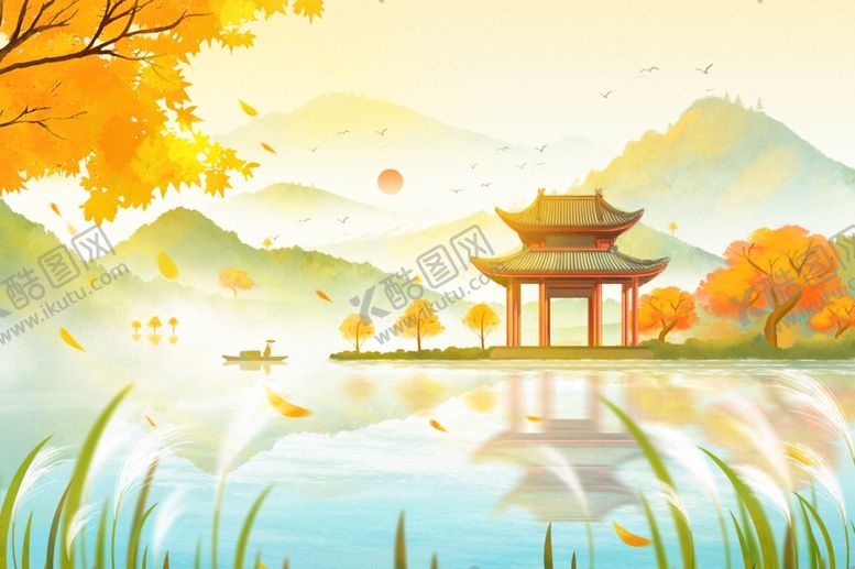 编号：88250310120638088168【酷图网】源文件下载-秋日湖畔古亭美景