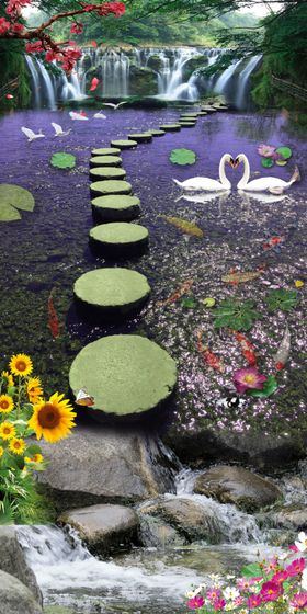 山青水秀瀑布流水生财玄关画