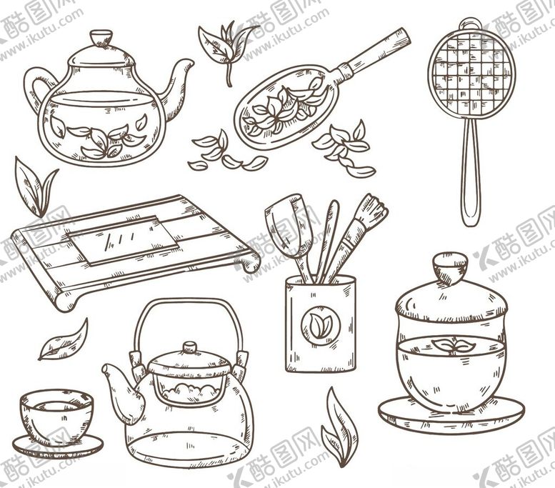 编号：86731004141958261851【酷图网】源文件下载-手绘中式茶具图案集合
