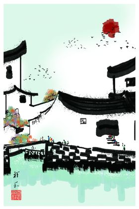 江南水乡水墨装饰画